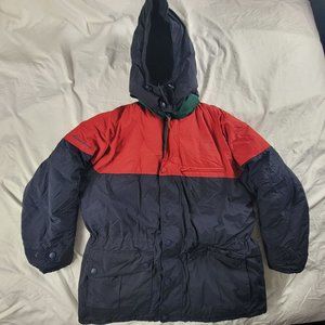 Eddie Bauer Mens XL Winter Puffer Jacket Coat Blue Red Removable Hoodie Warm